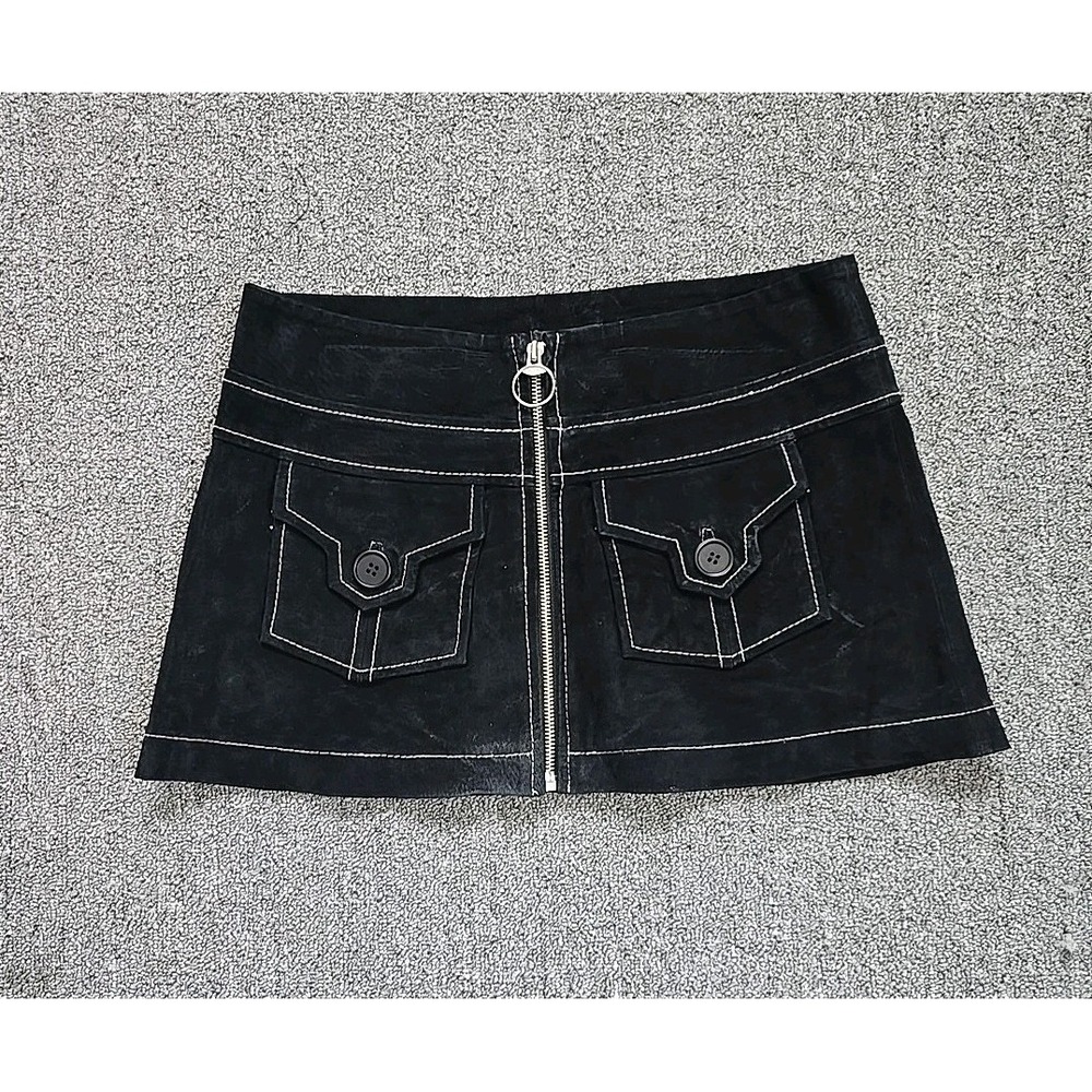 WET SEAL Suede Leather Black Micro Mini Skirt 1 Y2K VINTAGE Flaws